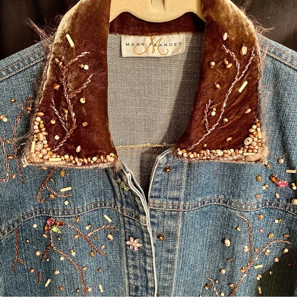 Mary Frances Jackets & Blazers - Spring Sale 🌼 Mary Frances beaded bejeweled fringe jean jacket snap up M/L
